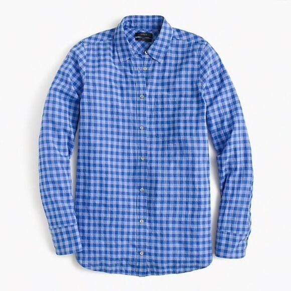 J. Crew checkered blue plaid "boy" style button down shirt size 0 - Picture 1 of 7